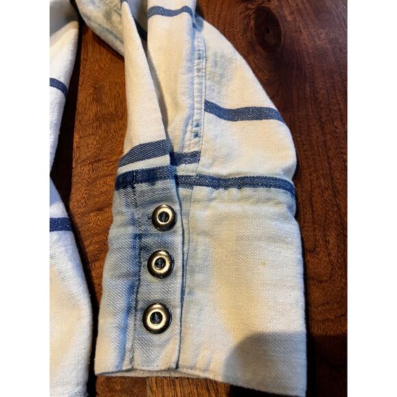 Free People Plaid Button Down Shirt Blue Tan Distressed Wash M Medium Boho - Picture 3 of 10